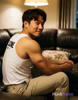 Asian man with light-medium skin, dark brown short hair styled with volume on top, clean-shaven face