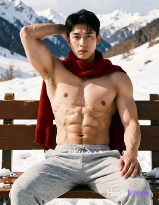 Asian man with short black hair and clean-shaven face seated on a wooden bench in an outdoor snowy m