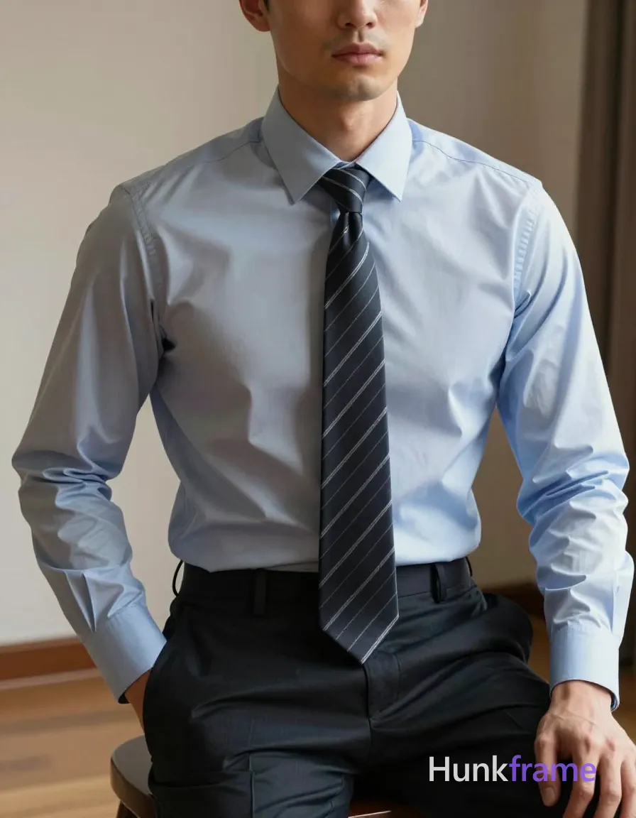 Photograph of exactly 1 adult man. Man 1: light to medium. Man 1 has fully exposed eyes, eyebrows, temples and nose bridge. slim build with defined torso, upper thigh contours. seated pose angled slightly right with left hand resting on thigh. light blue long-sleeve dress shirt buttoned to collar, dark pinstripe necktie hanging straight down center chest. vertical portrait crop from lower chest to upper thighs centered in frame. indoor room featuring light wood flooring, neutral-toned walls with partial wooden door edge visible right. soft directional indoor lighting from left side casting gentle shadows on shirt folds emphasizing fabric textures. fine-art fashion editorial photography with clean lines sharp focus on pinstripe patterns minimalist composition conveying polished formal composed mood premium quality image character dramatic yet soft atmosphere homoerotic aesthetic conveyed through close-up torso framing tailored menswear details warm beige cream wall tones natural wood floor hues black white stripes skin tones light blue shirt