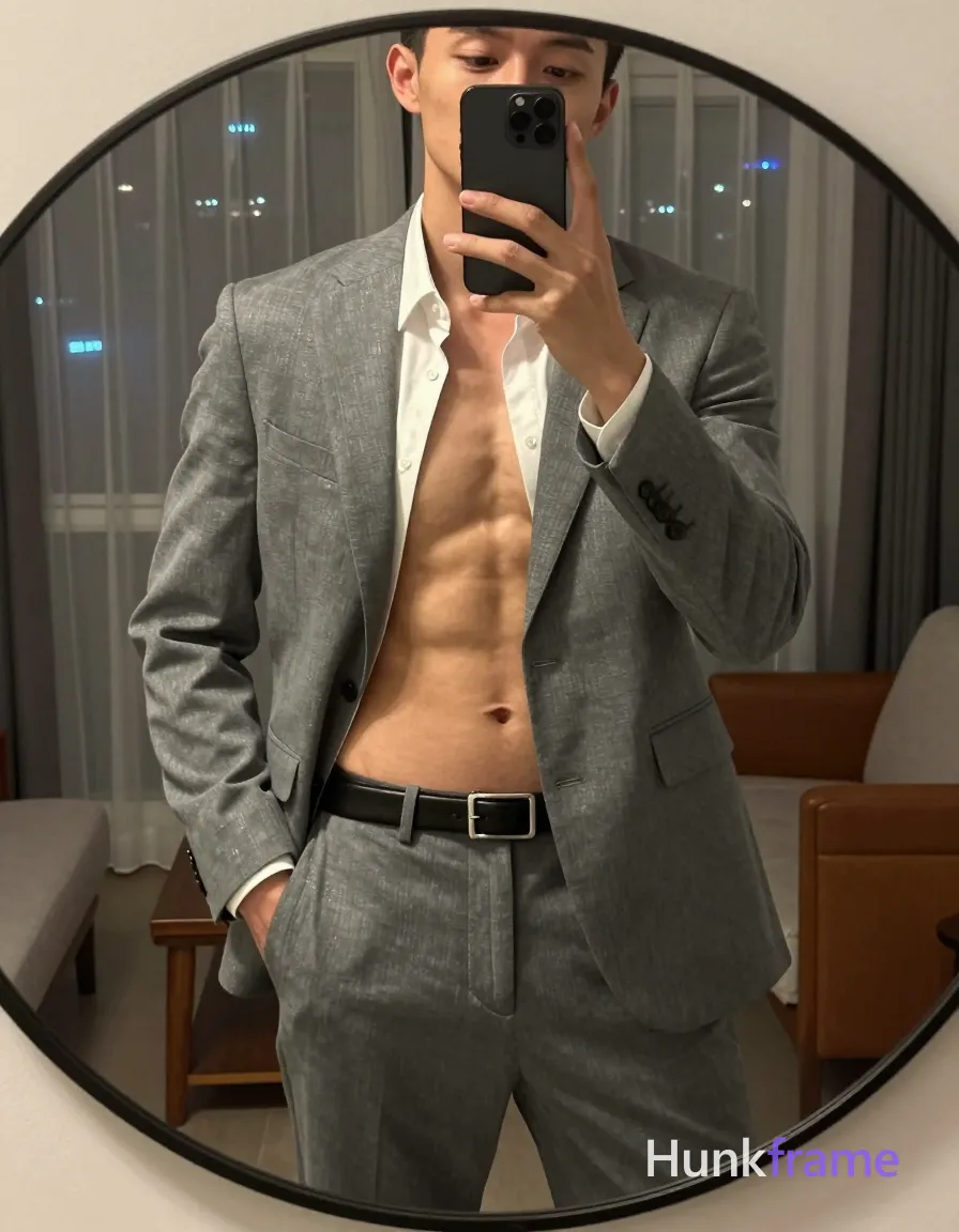 Shirtless adult man with defined abdominal musculature including rectus abdominis segments, obliques, and lower abs, broad shoulders, narrow waist standing in front of a round mirror taking a selfie; Left hand holding black smartphone to face obscuring eyes/nose/mouth; right hand inserted into right trouser pocket with elbow bent outward; torso angled slightly toward camera; head tilt; Wearing open grey textured suit jacket (single-breasted, two visible buttons), white collared dress shirt unbuttoned at top exposing bare chest and abdomen, grey tailored trousers matching the jacket, black leather belt with silver rectangular buckle; Indoor room with large window covered by sheer curtains showing blurred city lights at night; wooden furniture including sofa and side table visible in background reflection; Soft ambient indoor lighting creating gentle shadows on torso musculature; reflected light from smartphone screen illuminating part of face/hand; Waist-up shot framed by round mirror, centered within circular mirror reflection, occupying majority of frame vertically from waist up to obscured head; Mirror selfie composition, fashion editorial aesthetic, fine-art photography; single clean uninterrupted photograph with a cohesive editorial composition and plain continuous surrounding surfaces