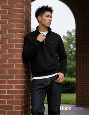 Asian man, light-medium skin, short textured black hair styled upward at the crown with tapered side