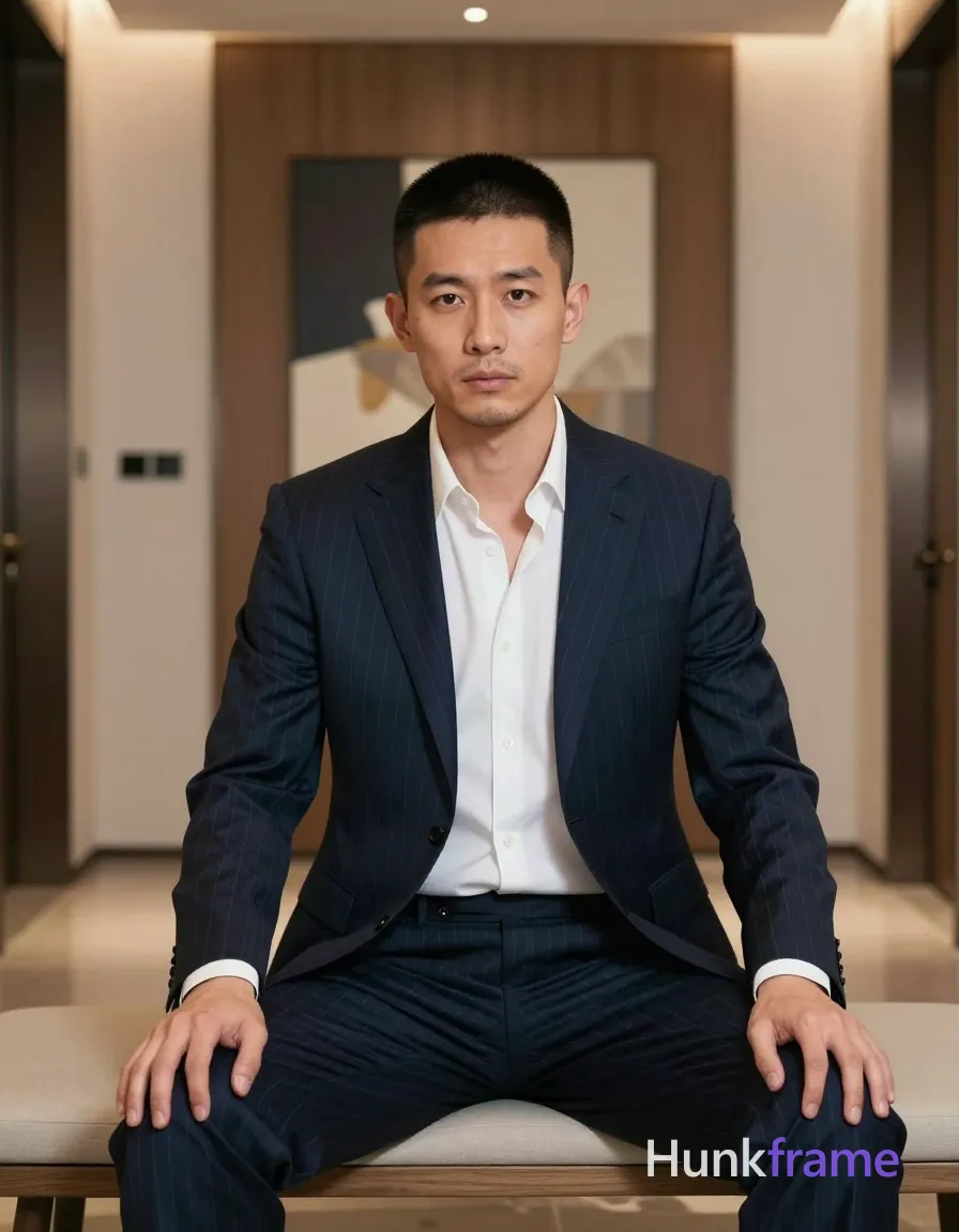 Photograph of exactly 1 adult man. Man 1: East Asian, light-medium, oval with defined jawline, short buzz cut, sides shaved very short, slightly longer on top (approx. 1-2cm), dark brown/black color, straight texture, clean hairline, clean-shaven chin and upper lip, light stubble on jawline/neck area. Man 1 has fully exposed eyes, eyebrows, temples and nose bridge. slim East Asian build with light-medium skin tone. seated upright on beige bench legs slightly apart. open navy pinstripe suit jacket over unbuttoned white shirt. full-body portrait crop center-right showing feet, torso. modern lounge with wood sliding door abstract art wall paneling. soft ambient indoor glow warm accent strip-lighting on walls. high-end fashion editorial clean lines minimalist luxury aesthetic