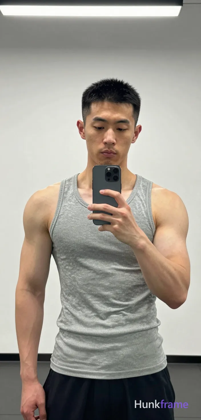 Asian man with short black buzz cut and light stubble stands facing a gym mirror, holding phone for selfie; He wears a tight light grey ribbed cotton tank top covering his torso completely, displaying broad shoulders, defined deltoids, visible biceps, triceps, and tight abdominal definition; Neutral expression with slight pout, focused gaze at screen; Portrait framing from mid-thigh up in clean uncluttered background emphasizing physique under bright overhead fluorescent lighting, shot on iPhone 15 Pro main camera, authentic smartphone computational photography, natural Smart HDR, vertical 9:16 Xiaohongshu lifestyle post, bright clean gym or cafe scene, wardrobe matching reference outfit, confident everyday blogger pose, phone photo with natural grain, phone held naturally in one hand for selfie, phone visible in frame; single clean uninterrupted photograph with a cohesive editorial composition and plain continuous surrounding surfaces