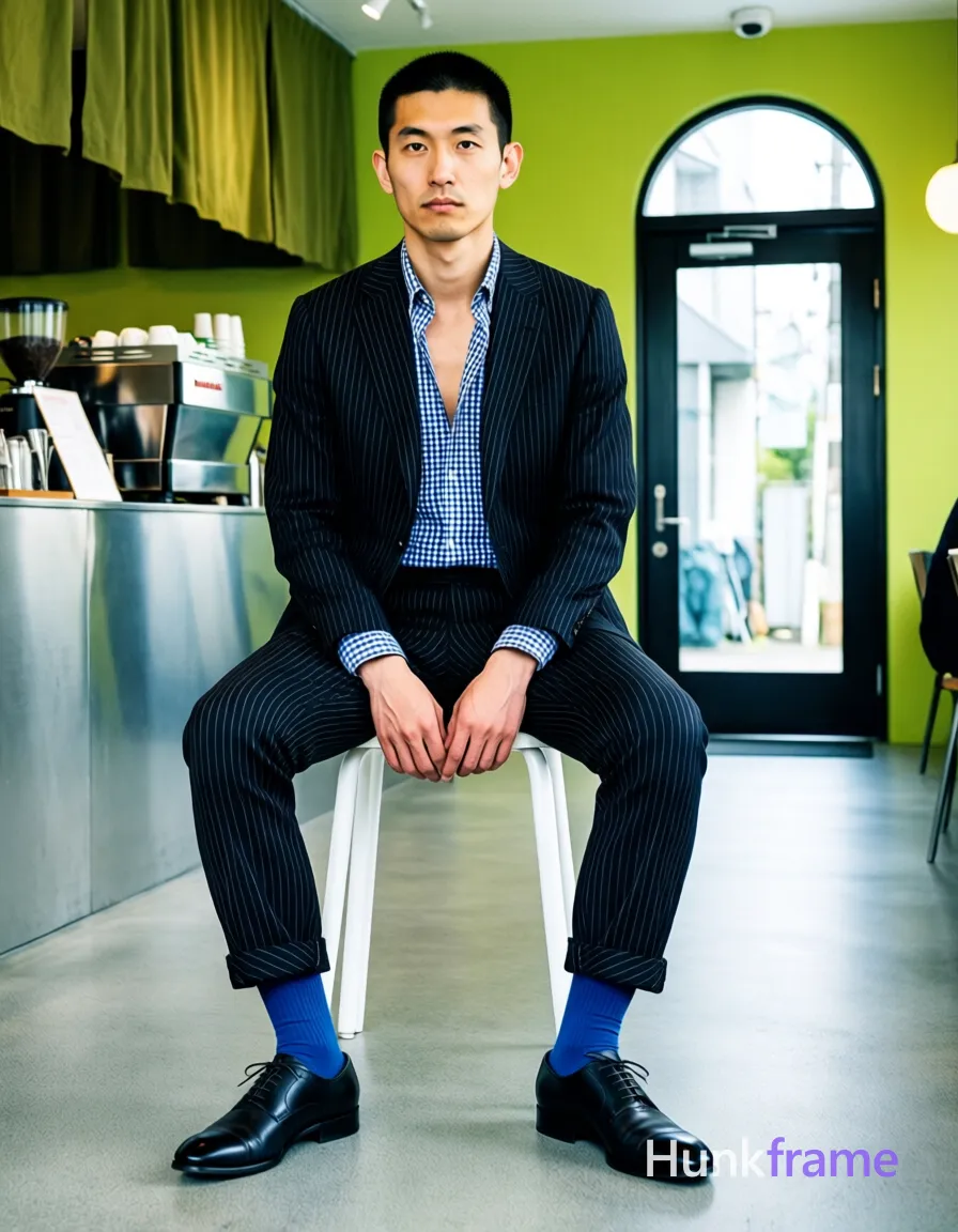 an anonymous figure adult man with short black buzz cut and clean-shaven face, neutral serious expression seated upright on white stool in a bold flat-color wall art graphic design; He wears a dark pinstripe single-breasted suit jacket over an open blue-and-white gingham button-down shirt exposing the upper chest collarbone area; Matching dark pinstripe trousers with cuffed hems reveal solid blue crew-neck socks and black leather cap-toe dress shoes on feet flat on floor, emphasizing slim build structure; Hands rest on thighs while hands and forearms are exposed alongside feet and ankles in a full-body shot from head to toe centered composition; The background features high-contrast color blocking of the modern coffee shop interior with stainless steel counters, hanging olive-green fabric shades, and an arched glass doorway leading outdoors, same aesthetic theme and photo feel as the reference but a different man in a different pose with distinct body proportions, Japanese man, soft masculine features, straight black hair, slim dancer build; single clean uninterrupted photograph with a cohesive editorial composition and plain continuous surrounding surfaces