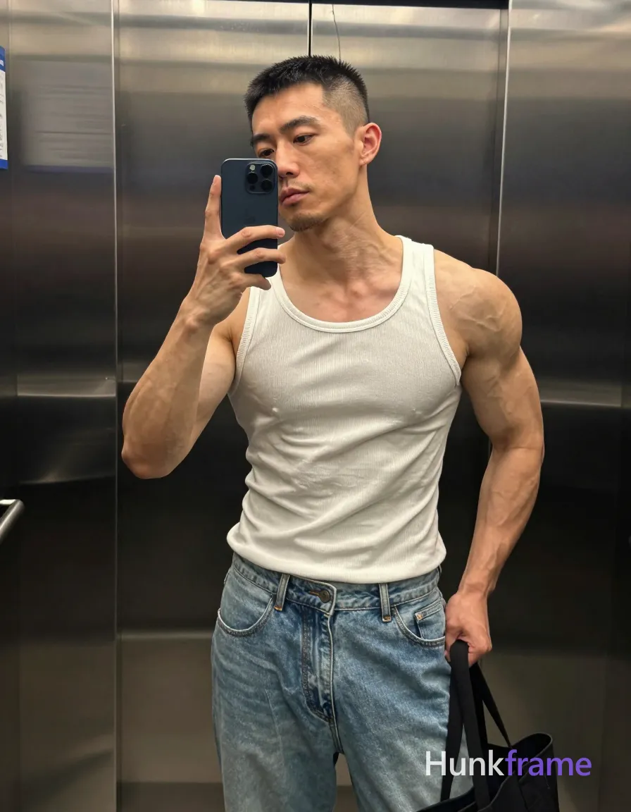 Asian man with short black buzz cut and slight upper lip stubble, highly muscular build with prominent arm vascularity; Standing upright facing slightly left in an elevator mirror reflection, right hand holding dark blue smartphone against cheek for selfie, left hand gripping black tote bag handle at hip level; Wearing white ribbed muscle tank top exposing bare shoulders and deltoids, light-wash denim jeans with button fly; Vertical full-body crop from head to mid-thighs; Soft ambient indoor lighting highlights skin texture on brushed stainless steel walls; Naturalistic smartphone color grading, confident homoerotic aesthetic; single clean uninterrupted photograph with a cohesive editorial composition and plain continuous surrounding surfaces
