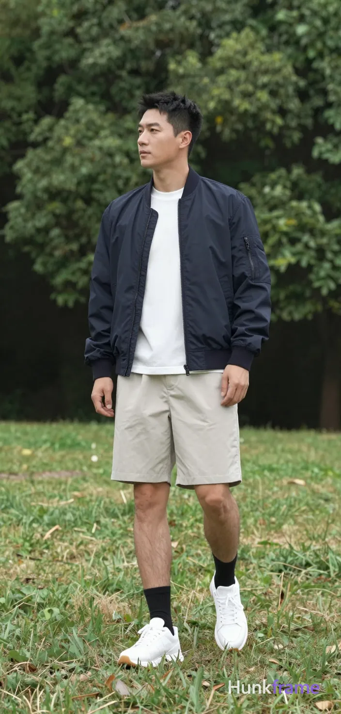 Asian man with short black hair and clean-shaven face stands in full-body vertical portrait on grassy field. He wears a dark navy bomber jacket partially zipped over a white crew-neck t-shirt, light beige shorts ending above knee, black ankle socks, and white sneakers with gum soles. Weight shifts slightly to the right leg while left foot lifts mid-step or rests on heel. Natural daylight illuminates his slim build against dense green trees in background. Centered composition captures neutral expression looking left. XHS lifestyle aesthetic creating fresh believable pose for social feed., a single uninterrupted photograph only, no written words or typography anywhere in frame, no captions, no app UI, no social-media post layout, no screenshot borders