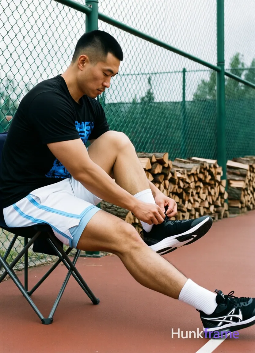 Asian man with short black buzz cut and clean-shaven face, seated in profile on a folding chair at an outdoor basketball court; He wears a black short-sleeve t-shirt with partial blue graphic covering the chest and white athletic shorts with light-blue side stripe; His left leg is bent elevated while he uses both hands to adjust his white sock and black-and-white sneaker, manipulating laces near the ankle; right leg extends forward on red-brown court surface; Thick thighs and defined calves are prominent under diffused daylight from an overcast sky; Soft shadows fall against a green chain-link fence with stacked firewood behind it; Vertical portrait photography capturing pre-game focused preparation, same aesthetic theme and photo feel as the reference but a different man in a different pose with distinct body proportions, German man, fair skin, strong brow ridge, lean cyclist legs; single clean uninterrupted photograph with a cohesive editorial composition and plain continuous surrounding surfaces