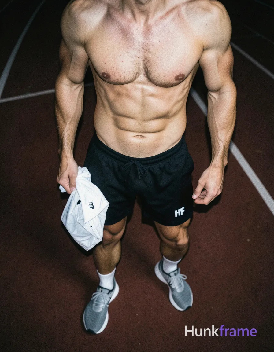 High-angle POV fashion editorial shot of a handsome adult man standing on an outdoor running track at night, torso angled toward camera. He is shirtless with defined abdominal musculature and thick thighs visible from lower ribs to upper abdomen. Left hand holds a crumpled white Nike-branded garment near hip; right arm not visible. Wearing black athletic shorts with small white logo on left thigh, white crew socks, grey and white running shoes. Dark reddish-brown rubberized track surface with faded white lane lines under low-key ambient lighting. Soft directional highlights sculpt skin texture against slightly desaturated tones. Grainy photo aesthetic with shallow depth of field focusing on torso and feet. Intimate post-workout mood occupying right and bottom frame portions; head cropped out. Include exactly one visible wordmark, spelled exactly "HF", as a small garment print; preserve its appropriate typography and scale. No other visible text, logo, caption, username, hashtag, comment, watermark, or UI chrome., a single uninterrupted photograph only, no written words or typography anywhere in frame, no captions, no app UI, no social-media post layout, no screenshot borders
