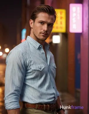 A shirtless man stands in a neon-lit alleyway of a cyberpunk metropolis, raindro