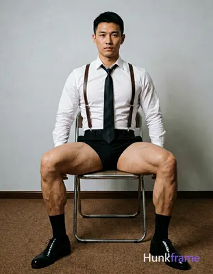 A striking adult man with light-medium skin and short black hair sits on a metal
