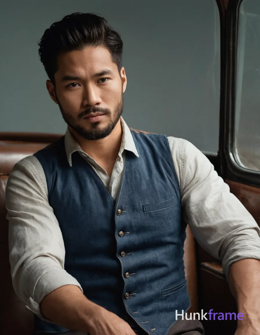 An Asian man standing confidently against a stark white background, dressed in a long, textured overcoat and tailored trousers. The dramatic chiaroscuro lighting enhances the sculptural quality of his muscular build, creating striking contrasts between light and shadow. His relaxed yet confident pose with hands tucked into trouser pockets highlights elegance and strength
