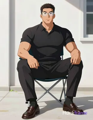 Polished anime 2.5D render of an adult man with medium-dark skin and short textured dark hair seated