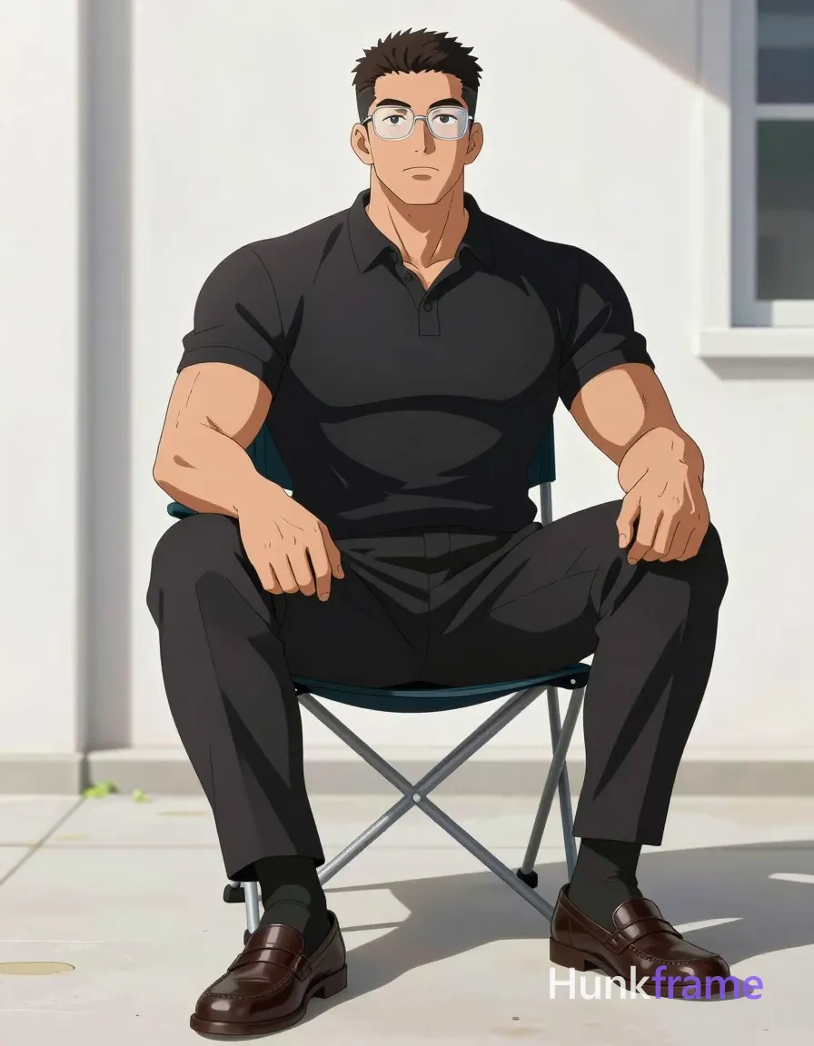 Polished anime 2.5D render of an adult man with medium-dark skin and short textured dark hair seated on a folding chair outdoors; He wears clear-framed rectangular glasses, black ribbed polo shirt, slim-fit trousers, mid-calf socks, and leather loafers; His physique features broad shoulders, defined pectorals, deltoids, and thick thighs with visible quadriceps definition under high-contrast natural sunlight; Left leg extended flat on ground, right knee bent near thigh, hands resting on legs; Low angle full-body composition centered against a white building facade; The adult man visibly wears clear-framed glasses with thin metal rims, rectangular shape; preserve the exact frame shape, rim style, color, material, and lens tint; single clean uninterrupted artwork with a cohesive composition and plain continuous surrounding surfaces