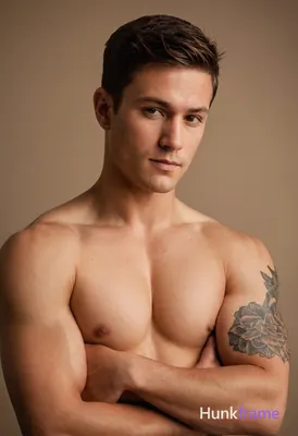 A muscular young man with short brown hair stands shirtless against a neutral ba