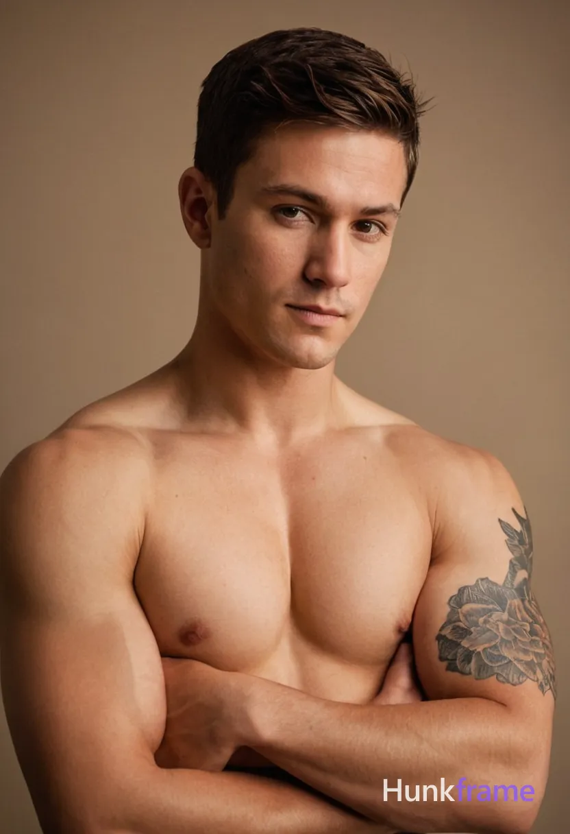 A muscular young man with short brown hair stands shirtless against a neutral background, his arms crossed over his well-defined chest. He has a tattoo on his left pectoral muscle and wears no jewelry. The scene is illuminated by soft diffused light that creates dramatic chiaroscuro effects, emphasizing the contours of his body. Rich earth tones dominate the color palette, with warm highlights on the skin and cool shadows in the background. This image captures the timeless elegance and strength of a classical western oil painting