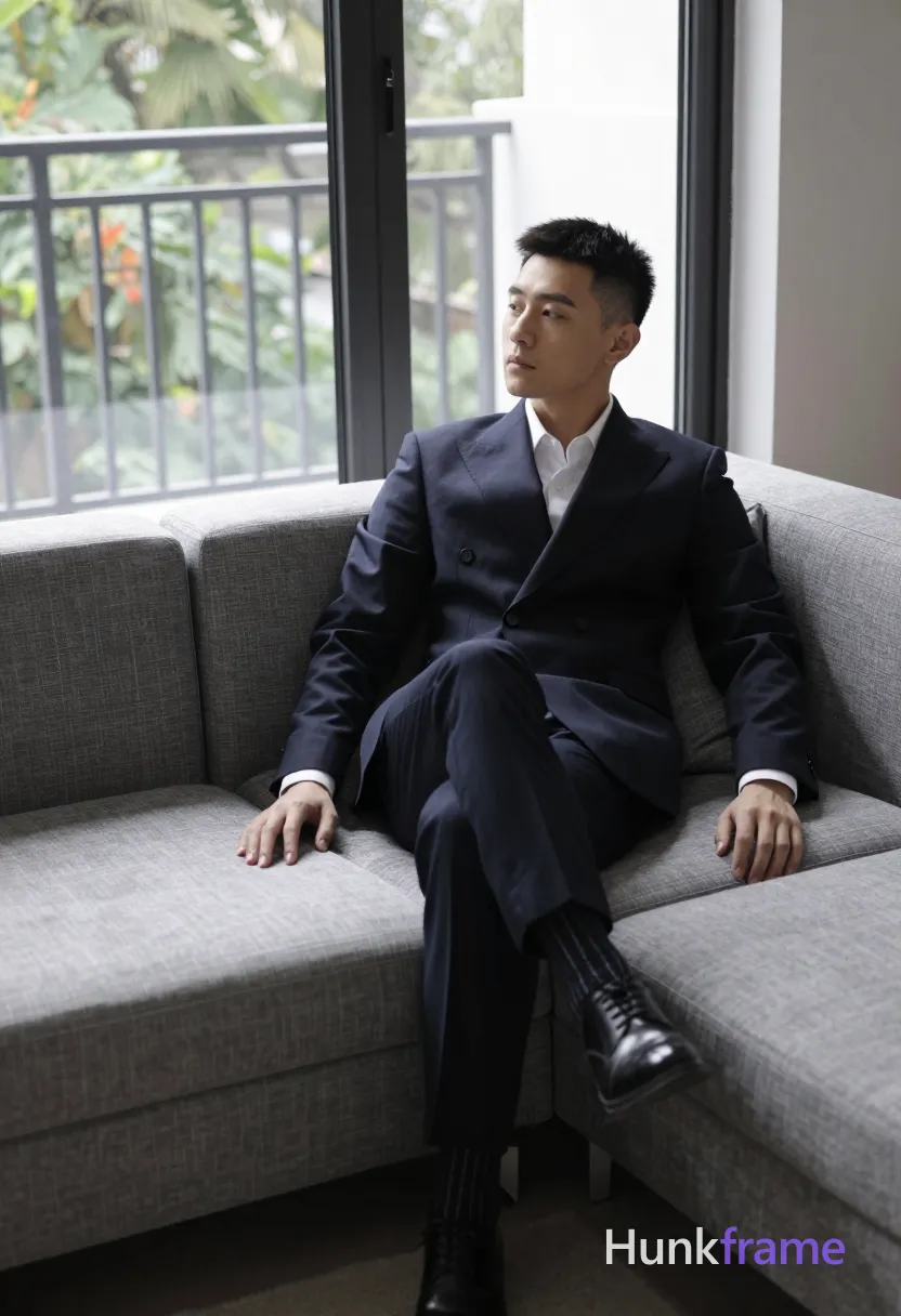 an anonymous figure man with short black straight hair and neat side parting, clean-shaven face, neutral contemplative gaze off-camera to the right; Reclining on a modern grey sectional sofa in a cozy living room setting, left leg crossed over right knee, torso leaning back with head tilted slightly upward; Wearing dark navy single-breasted tailored suit jacket, matching dark trousers, white dress shirt collar visible at neckline, black leather lace-up oxford shoes, and dark patterned striped socks peeking from cuffs; Full-body shot mid-thigh up to head, seated center-right on sofa with large windows behind showing outdoor balcony view and greenery; Natural daylight streaming through glass panels creating soft highlights on face and suit fabric, subtle shadows under cushions; Muted palette of navy black white grey skin tones and foliage; Fine-art photography fashion editorial aesthetic clean composition minimal distractions sophisticated calm mood vertical portrait 13:19 aspect ratio, same aesthetic theme and photo feel as the reference but a different man in a different pose with distinct body proportions; single clean uninterrupted photograph with a cohesive editorial composition and plain continuous surrounding surfaces