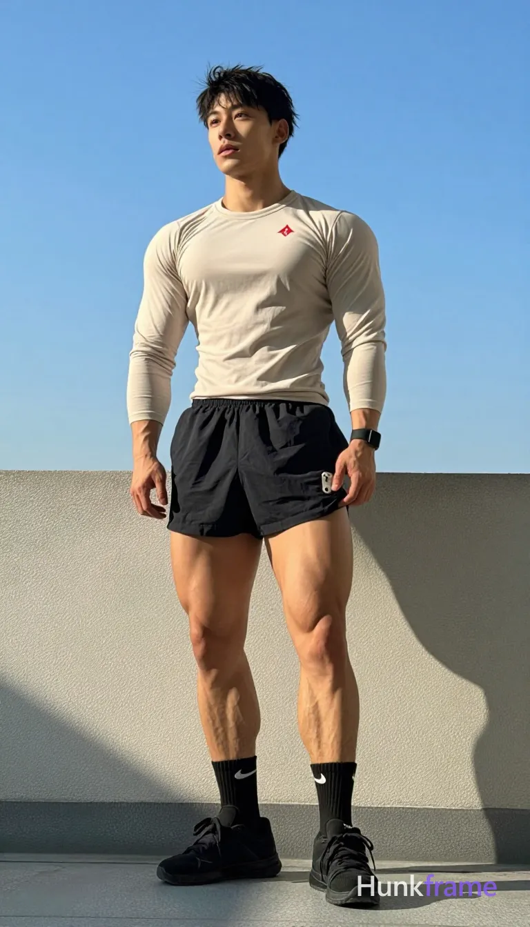 He wears tight-fitting light beige compression t-shirt with small red logo, black athletic shorts mid-thigh, black crew socks with white Nike swoosh, and black sneakers; Natural daylight from above creates soft shadows on face and torso against clear blue sky background, shot on iPhone 15 Pro main camera, authentic smartphone computational photography, natural Smart HDR, vertical 9:16 Xiaohongshu lifestyle post, bright clean gym or cafe scene, wardrobe matching reference outfit, confident everyday blogger pose, phone photo with natural grain; single clean uninterrupted photograph with a cohesive editorial composition and plain continuous surrounding surfaces
