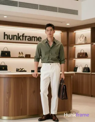 Asian man with short dark textured hair and clean-shaven face, standing upright in a luxury boutique