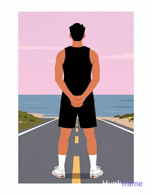 Bold flat-color poster wall art of adult man standing with back to camera hands clasped behind lower