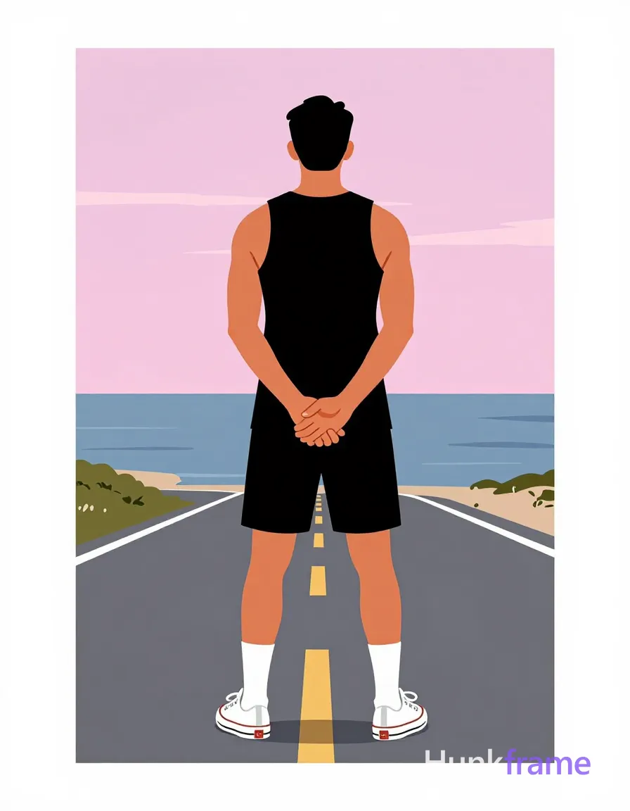 Bold flat-color poster wall art of adult man standing with back to camera hands clasped behind lower back on coastal paved road at dusk; He wears black sleeveless tank top exposing upper back shoulders arms, black athletic shorts ending mid-thigh, white crew socks pulled up to mid-calf, white low-top sneakers; High-contrast color blocking features pale blue-gray ocean pink lavender sky against clean vector line composition with strong leading lines from road curvature; single clean uninterrupted photograph with a cohesive editorial composition and plain continuous surrounding surfaces