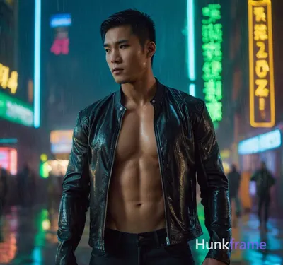 Athletic young Asian man standing in a rain-drenched cyberpunk metropolis, weari