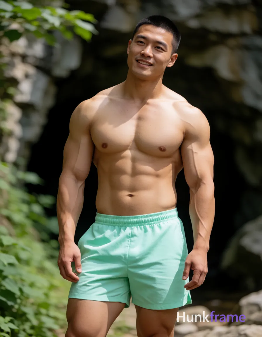 Heavily muscular adult man with substantial muscle mass, wide shoulders, thick neck, large chest and arms, powerful thighs, and dense bodybuilding proportions; Asian man with light tan skin and short black buzz cut stands in relaxed contrapposto, weight on left leg; Shirtless torso reveals defined pectorals, serratus anterior, six-pack abs, forearm vascularity, and broad shoulders wearing mint-green athletic shorts; Gentle smile, head tilted right, gaze off-camera to viewer's left; Outdoor rocky cliff setting with dark cave entrance behind him and green foliage blurred by shallow depth of field; Natural daylight from upper-left casts soft shadows on the right torso side; High-resolution detail on musculature in vertical 13:19 portrait composition; single clean uninterrupted photograph with a cohesive editorial composition and plain continuous surrounding surfaces