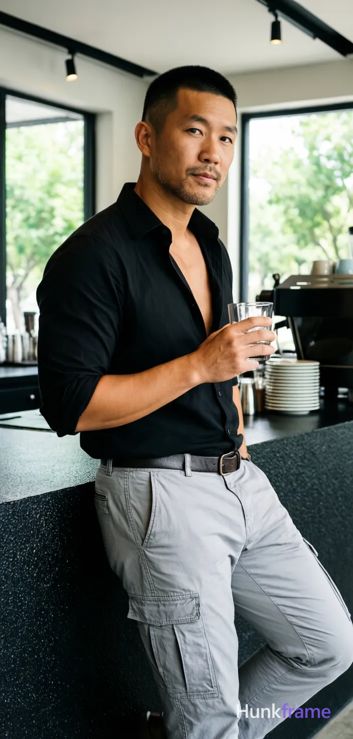 Asian man with medium-tan skin and a short black buzz cut, clean-shaven chin with light upper lip stubble; He leans casually against a textured black counter surface in a modern café interior, right shoulder angled forward while weight shifts onto the right leg; left knee bent flat on floor; Wearing an open-collared black button-down shirt revealing upper chest from collarbone to sternum, sleeves rolled to mid-forearm exposing full forearms including wrists, light gray cargo pants with visible side pockets and belt loops threaded by a dark leather belt; Holding a clear glass tumbler in right hand near chest level, fingers wrapped around the base of vessel; Portrait orientation capturing subject from knees up within interior space, center-right composition occupying vertical frame from head to mid-thighs; Natural daylight streams through expansive window panes creating soft highlights on face and clothing against overhead recessed lighting; background shows large windows revealing green trees outside with stacked white plates and espresso machine components visible behind him; High-resolution commercial photography with; single clean uninterrupted photograph with a cohesive editorial composition and plain continuous surrounding surfaces