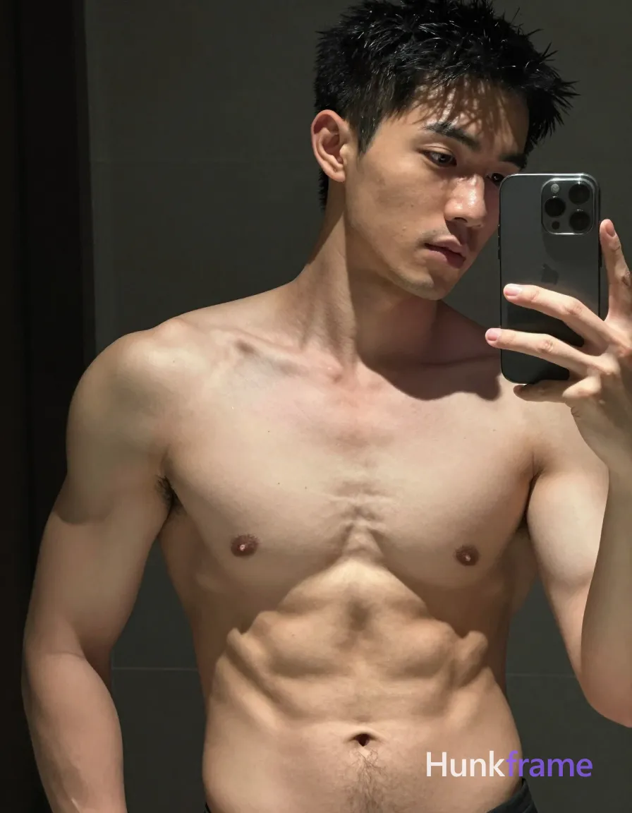 A handsome masculine man standing with a slight lean forward, shirtless, with defined abs and broad shoulders. The torso-only crop is framed within an 896x1152 vertical portrait orientation. Soft cinematic lighting with muted cool tones creates a moody atmosphere against a dark background. The image is tack-sharp, emphasizing the subject's physique., shot on iPhone 15 Pro main camera, authentic smartphone computational photography, natural Smart HDR and true-to-life skin texture, vertical 9:16 Xiaohongshu lifestyle feed, bright clean everyday scene, unretouched phone photo with subtle sensor grain, trendy Chinese internet 网红 aesthetic, candid influencer energy, phone held naturally in one hand for selfie, phone visible in frame