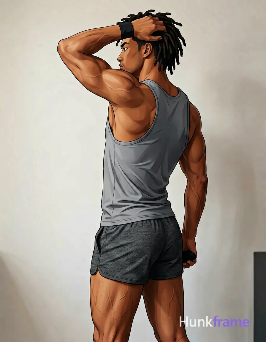 Polished anime style rendering of an adult muscular man standing in profile, left arm raised behind head with elbow bent gripping black wristband near neck, right hand resting by hip holding a black object. He wears grey sleeveless tank top covering torso and back, dark grey textured shorts. Soft directional indoor lighting highlights defined back muscles and veins on arms against plain light-colored walls. Vertical portrait crop from mid-thighs to upper chest/neck with clean composition focusing on musculature., same aesthetic theme and photo feel as the reference but a different man in a different pose with distinct body proportions, Mixed Afro-Latin man, caramel skin, locs, long limbs dancer posture, wearing underwear or swim trunks, covered genitals, no frontal nudity, a single uninterrupted photograph only, no written words or typography anywhere in frame, no captions, no app UI, no social-media post layout, no screenshot borders