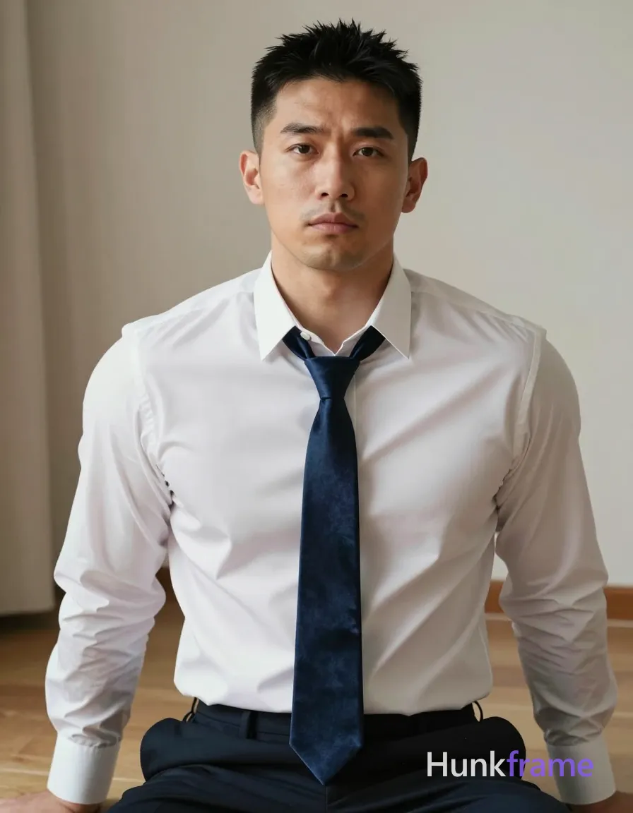 an anonymous figure man with light to medium tan skin and short textured black hair, clean-shaven face, neutral serious expression; Seated upright facing camera with slight forward lean in a white long-sleeve button-up shirt (collar open, top two buttons undone) featuring a dark navy blue velvet tie loosely knotted at neck hanging down center of chest; Medium close-up shot from upper thighs to head centered against light wood flooring and beige curtain corner; Soft directional key light from front-left creating subtle shadows on right side of face and shirt folds; Muscle bear aesthetic highlighting broad shoulders, defined collarbones, rugged warm confidence, natural skin texture visible, realistic fabric sheen on tie; single clean uninterrupted photograph with a cohesive editorial composition and plain continuous surrounding surfaces