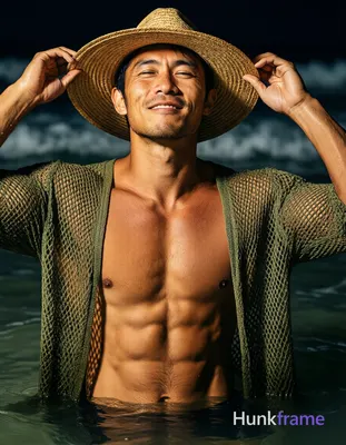 Asian man with tanned skin and short black straight hair stands in shallow water at night, adjusting