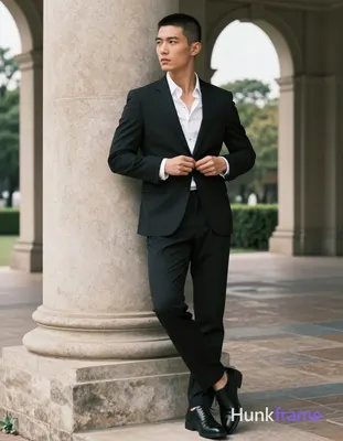 Asian man with short black buzz cut and clean-shaven face, neutral serious expression gazing off-cam