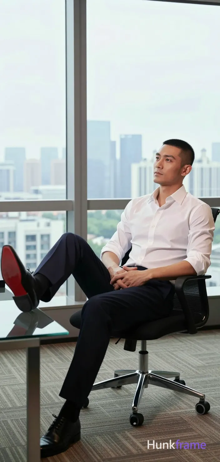 same clearly adult male subject; preserve the exact visible face, hairstyle, skin tone, apparent adult age, body proportions, and distinctive marks from the reference; do not add people, photo reference, portrait orientation, vertical portrait. Adult man 1: seated in a black office chair with chrome base, leaning back slightly, hands clasped over lap. Right leg extended onto glass desk surface showing red shoe sole accent; left foot planted on brown patterned carpet.; white button-down shirt sleeves rolled to elbows, dark navy dress trousers; lean build, defined shoulders; center-right, seated in foreground with large window behind. Interaction: seated on black office chair with chrome base and wheels; right foot resting on glass desk surface showing red shoe sole accent; left foot planted on brown patterned carpet. Setting: office interior with floor-to-ceiling windows overlooking city skyline. Lighting: high contrast window light from large windows, soft interior ambient glow. Palette: white shirt, dark navy trousers, black chair and shoes, red shoe sole accent, neutral beige carpet. Mood: professional, contemplative, premium fashion-editorial. Image character: clean composition, vertical portrait framing, cityscape background through large windows. No phone is visible., an anonymous figure man in his 30s with light to medium skin and a short black buzz cut, clean-shaven face gazing upward left. Seated in a black office chair with chrome base, leaning back slightly, hands clasped over lap. Right leg extended onto glass desk surface showing red shoe sole accent; left foot planted on brown patterned carpet. Wearing white button-down shirt sleeves rolled to elbows and dark navy dress trousers. Fully clothed lean build with defined shoulders. High contrast window light from floor-to-ceiling windows overlooking city skyline, soft interior ambient glow. Premium fashion-editorial framing, clean composition, vertical portrait 13:19 aspect ratio., a single uninterrupted photograph only, no written words or typography anywhere in frame, no captions, no app UI, no social-media post layout, no screenshot borders, seated casually with forearms resting on the thighs; looking slightly left; small relaxed smile; waist-up portrait, eye level, same clearly adult male subject; preserve the exact visible face, hairstyle, skin tone, apparent adult age, body proportions, and distinctive marks from the reference; do not add people, a single uninterrupted photograph only, no written words or typography anywhere in frame, no captions, no app UI, no social-media post layout, no screenshot borders
