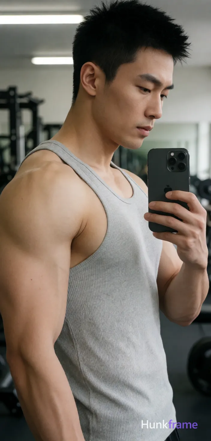 Asian man with short spiky black hair and clean-shaven face, standing in profile facing right holding a dark gray iPhone-style phone near chest for mirror selfie; Wearing light gray ribbed tank top covering torso and shoulders, broad muscular build with defined deltoids and visible biceps; Gym interior background with weight racks under overhead fluorescent lighting casting even illumination on skin tones; Vertical portrait crop from head to upper thighs, center-left foreground occupying majority of frame; High-fashion editorial photography style, dramatic sculpted pose, homoerotic aesthetic, premium fine-art composition; single clean uninterrupted photograph with a cohesive editorial composition and plain continuous surrounding surfaces