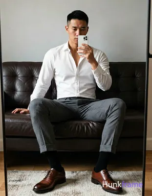 Asian man seated on dark leather sofa, legs spread knees bent taking mirror selfie with white smartp