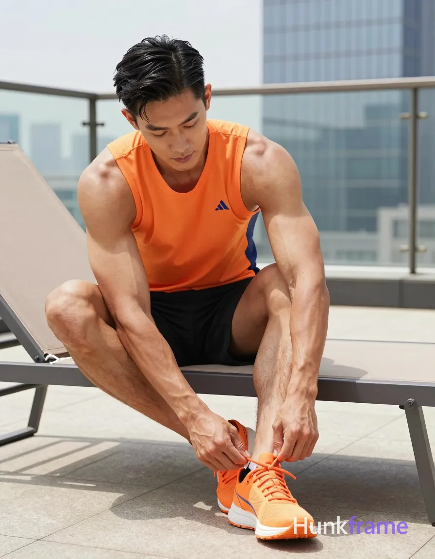Asian man with medium-tan skin and short black straight side-parted hair, clean-shaven face; Seated on a beige lounge chair outdoors, leaning forward with torso bent at waist, knees drawn up toward chest; Actively tying orange athletic shoelaces with both hands; left hand holding tongue of right sneaker while right hand manipulates laces; right leg planted flat, left foot lifted slightly off floor; Wearing an orange sleeveless athletic top with navy side panels and small logo on chest, black athletic shorts ending mid-thigh; Artistic partial nude adult exposing chest and abdomen; Athletic build with defined pectorals, broad shoulders, thick thighs; Outdoor rooftop terrace setting with large glass windows reflecting city skyline in background; paved stone floor; Bright natural daylight from above-left casting soft shadows under chair and body, high-key illumination highlighting muscle definition; High-resolution fashion photography, clean composition with shallow depth of field blurring background buildings; Focused concentration mood, same aesthetic theme and photo feel as the reference but a different man in a different pose with; single clean uninterrupted photograph with a cohesive editorial composition and plain continuous surrounding surfaces
