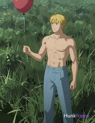 Adult man with light skin and short styled blonde hair stands shirtless in tall green grass, facing 