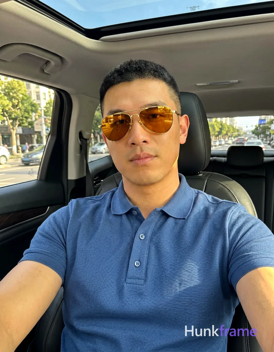 an anonymous figure man with light-medium skin and a short buzz cut featuring black textured top layer, wearing gold-rimmed aviator sunglasses with reflective amber lenses resting on the nose bridge; He is seated in the driver's seat of a car, leaning back against the headrest while extending his left arm outward holding an invisible device for a selfie angle; Dressed in a blue short-sleeved polo shirt with buttoned placket and single visible button, fully clothed adult torso showing broad shoulders and defined collarbones; Portrait crop from chest up to forehead, center-left composition occupying majority of frame, head slightly tilted toward camera; Interior of modern vehicle during daylight hours with sunroof open revealing sky above; city street visible through windows with trees and buildings in distance; Natural sunlight streaming from left side creating soft shadows on right cheek and neck; High-resolution smartphone photography with slightly warm white balance and shallow depth of field blurring background street scene, conveying confident casual luxury mood; The adult man visibly wears; single clean uninterrupted photograph with a cohesive editorial composition and plain continuous surrounding surfaces