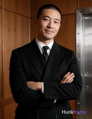 Asian man with buzz cut and light stubble stands upright in a black double-breas