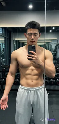 Asian man with short dark textured hair and clean-shaven face, shirtless displaying broad shoulders 