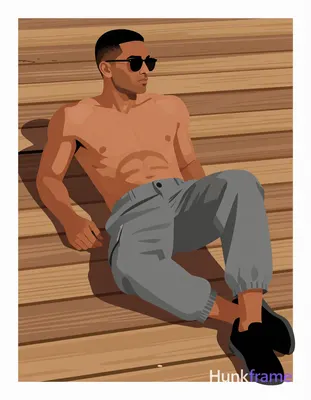 Bold flat-color wall art graphic of an adult man with tanned skin and a short textured black buzz cu