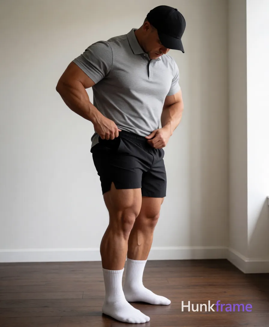 Heavily muscular adult man with substantial muscle mass, wide shoulders, thick neck, large chest and arms, powerful thighs, and dense bodybuilding proportions; An athletic adult male with light to medium tan skin stands sideways in a clean-lined indoor space, head bowed beneath a black baseball cap; He is captured mid-action pulling up his black athletic shorts with both hands, waistband rising above the knee on one side while he balances weight onto his right leg; His physique features broad shoulders and thick thighs visible below the hem of a heather grey short-sleeve polo shirt buttoned to the second collar; White crew socks complete the look against dark wood flooring illuminated by soft directional natural light from the right; single clean uninterrupted photograph with a cohesive editorial composition and plain continuous surrounding surfaces