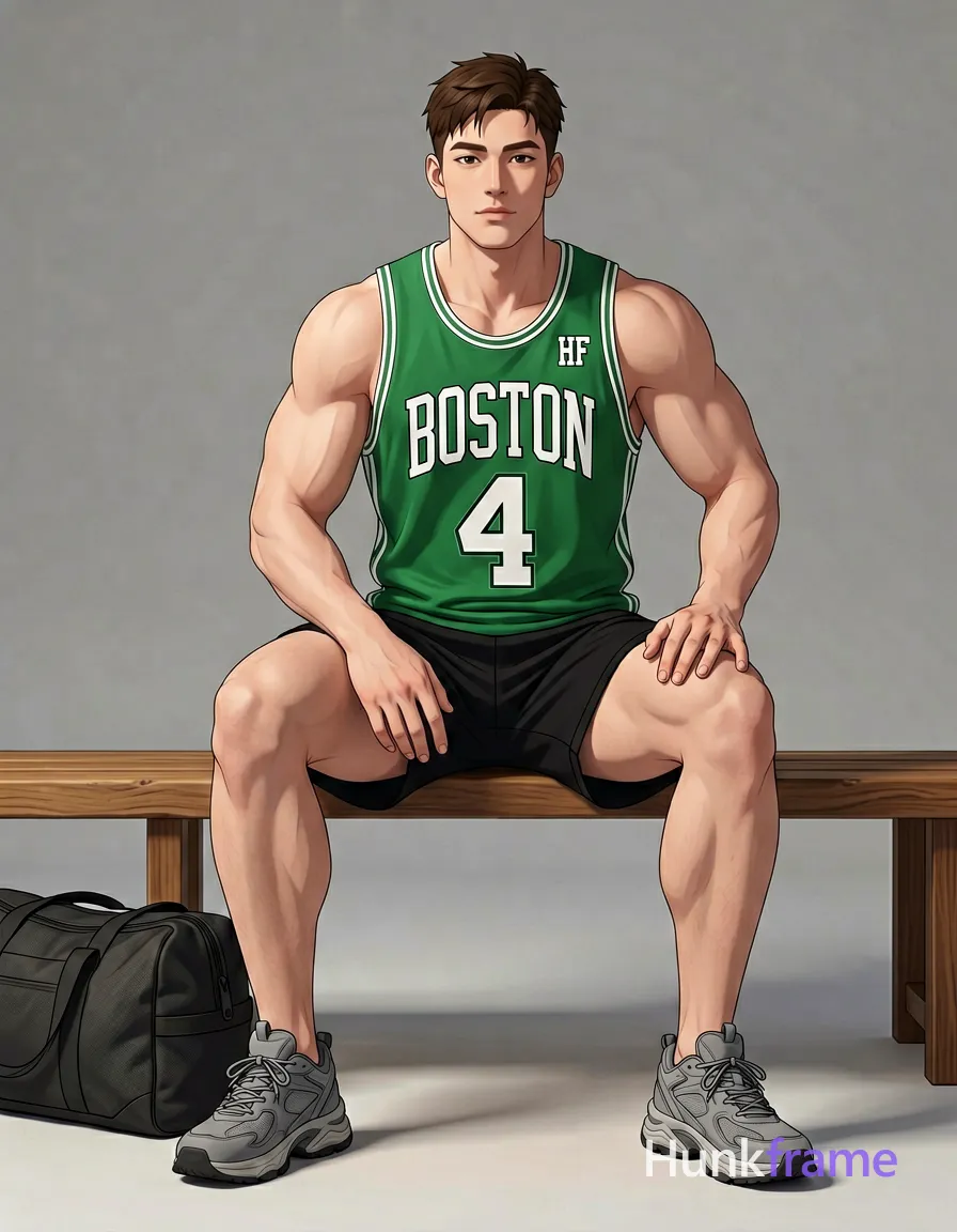 Polished 2.5D next-gen anime rendering of an adult white man with short brown hair and clean-shaven face, seated on a wooden bench in a minimalist studio setting. He wears a green sleeveless basketball jersey with 'BOSTON 4' text, black athletic shorts, and grey chunky sneakers; legs spread apart showing thick thighs while left hand rests on thigh and right hand near hip. High-quality character rendering emphasizes broad shoulders and defined arms under soft directional lighting against the plain grey background. The composition maintains waist-up framing with full-body visibility of feet, center-left positioning beside a duffel bag, capturing calm composed editorial mood with expressive athletic anatomy. Include exactly one visible wordmark, spelled exactly "HF", as a small garment print; preserve its appropriate typography and scale. No other visible text, logo, caption, username, hashtag, comment, watermark, or UI chrome., same aesthetic theme and photo feel as the reference but a different man in a different pose with distinct body proportions, Japanese man, soft masculine features, straight black hair, slim dancer build, wearing underwear or swim trunks, covered genitals, no frontal nudity, a single uninterrupted photograph only, no written words or typography anywhere in frame, no captions, no app UI, no social-media post layout, no screenshot borders