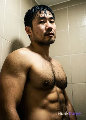 Asian man with short black hair slightly wet and glistening, clean-shaven smooth chin in bold flat-c