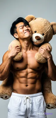 Asian man medium-tan skin black short hair side-swept bangs clean-shaven head tilted back eyes close