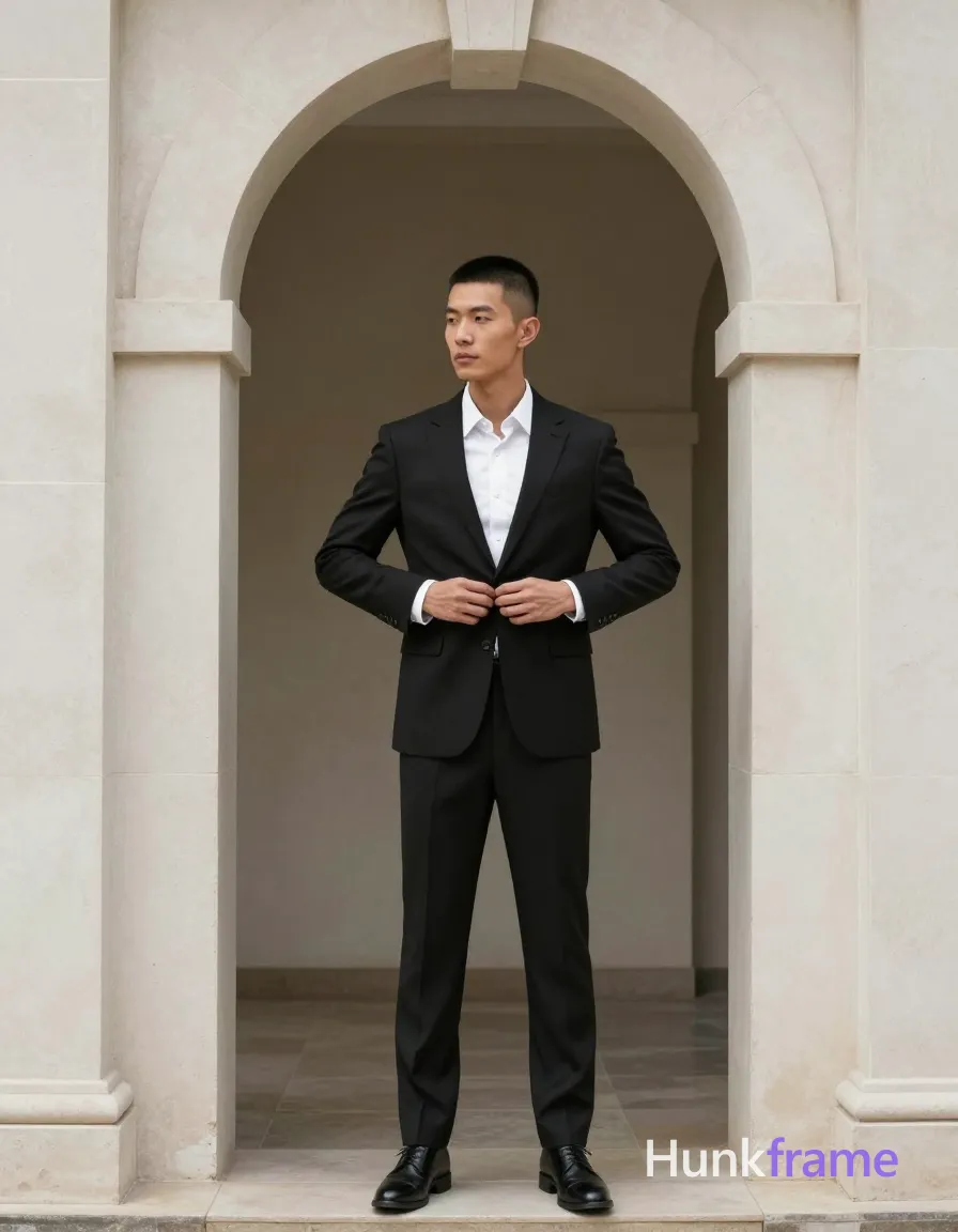 an anonymous figure man with light to medium tan skin and short black buzz cut stands upright in front of an arched doorway, adjusting a single-breasted black tailored suit jacket at the button line; He wears a white dress shirt with collar unbuttoned at top, matching black trousers, and black leather dress shoes; Full-body shot from head to shoes centered vertically within stone architecture under soft natural daylight overcast shadows; Clean lines architectural framing minimalist composition conveying composed formal confident mood, same aesthetic theme and photo feel as the reference but a different man in a different pose with distinct body proportions, Chinese man, light tan skin, high cheekbones, lean wiry martial-arts physique; single clean uninterrupted photograph with a cohesive editorial composition and plain continuous surrounding surfaces