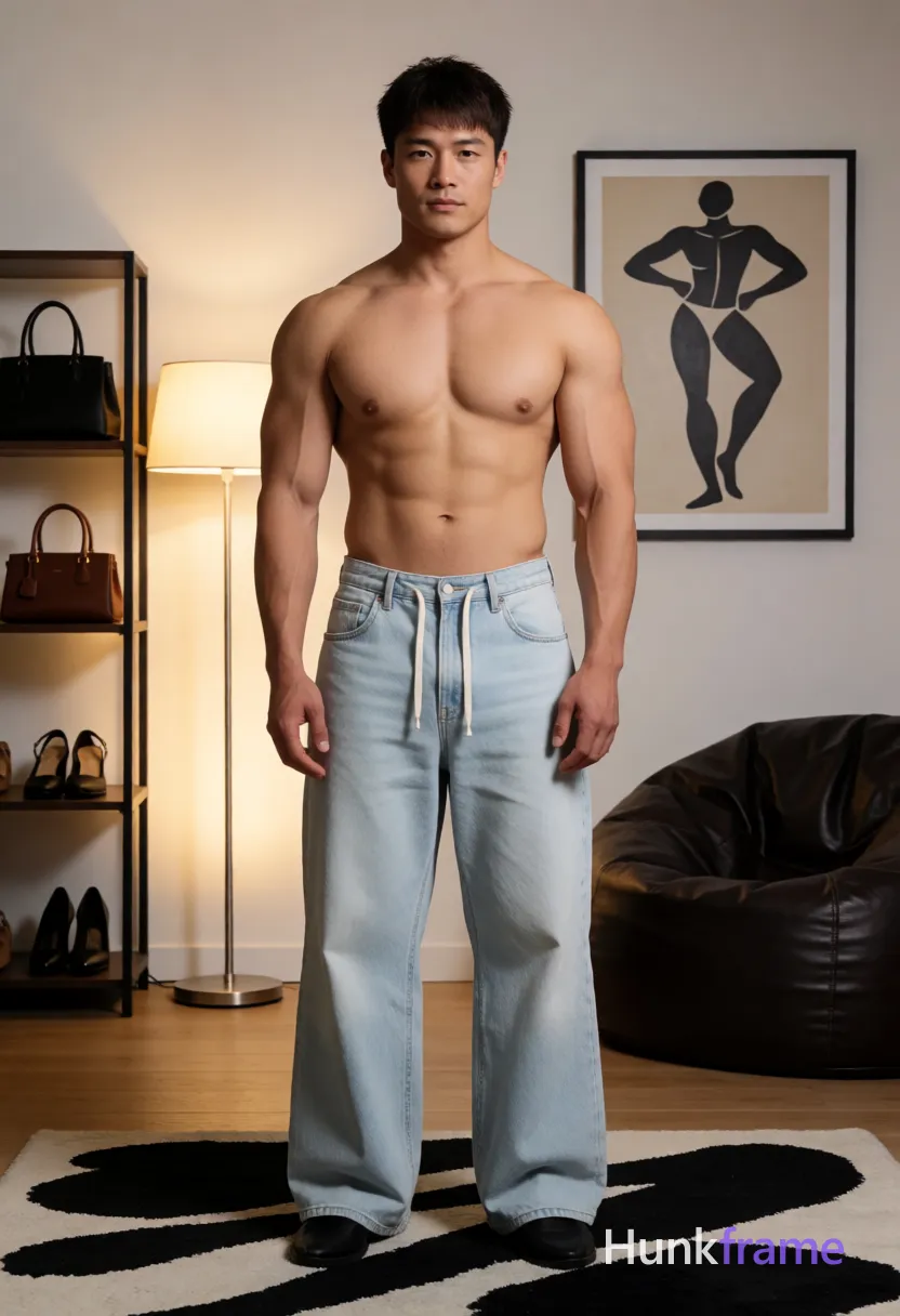Heavily muscular adult man with substantial muscle mass, wide shoulders, thick neck, large chest and arms, powerful thighs, and dense bodybuilding proportions; Asian man with short dark brown hair slightly textured on top standing upright facing camera arms relaxed at sides shirtless bare chest abdomen shoulders arms wearing light-wash wide-leg denim jeans with white drawstrings hanging loosely from waistband full-body shot head to mid-calf centered vertically horizontally occupying majority of frame height indoor room with light wood flooring black-and-white abstract rug underfoot shelving unit left holding handbags and shoes floor lamp emitting warm glow behind subject framed artwork on wall depicting stylized figure dark leather beanbag chair right background high-contrast studio lighting clean lines editorial composition confident minimalist luxury sculptural masculinity vertical portrait orientation 832x1216 canvas; single clean uninterrupted photograph with a cohesive editorial composition and plain continuous surrounding surfaces