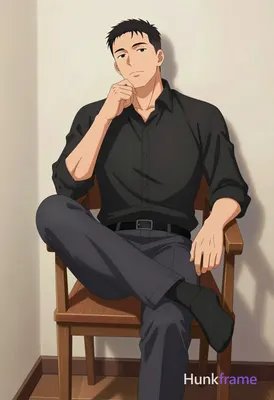Polished anime style illustration of an adult man with short black hair and clean-shaven face seated