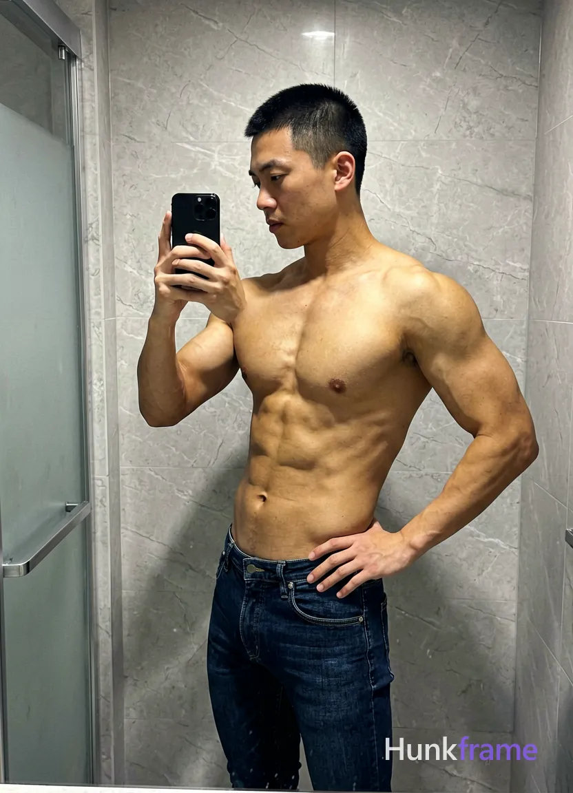 Asian man with short black buzz cut and clean-shaven face, standing sideways facing left in a candid high-resolution mirror selfie; He holds a black smartphone with both hands at chest level to capture the reflection while his right elbow flexes sharply showing bicep definition; left hand rests on hip; Shirtless adult male displays broad shoulders, defined lats, visible trapezius muscles, sculpted latissimus dorsi, and clear abdominal definition against light-medium skin tone with a trendy influencer vibe; Wearing dark blue slim-fit jeans only; Setting is a bathroom interior with light gray marble-effect tiled walls and frosted glass shower door on the left edge of frame; Soft overhead artificial lighting creates subtle shadows along spine and shoulder blades; Cool grays from tiles contrast deep navy denim and natural skin tones in this Xiaohongshu lifestyle vertical portrait composition; securely fitted underwear or swim trunks with complete frontal coverage; single clean uninterrupted photograph with a cohesive editorial composition and plain continuous surrounding surfaces