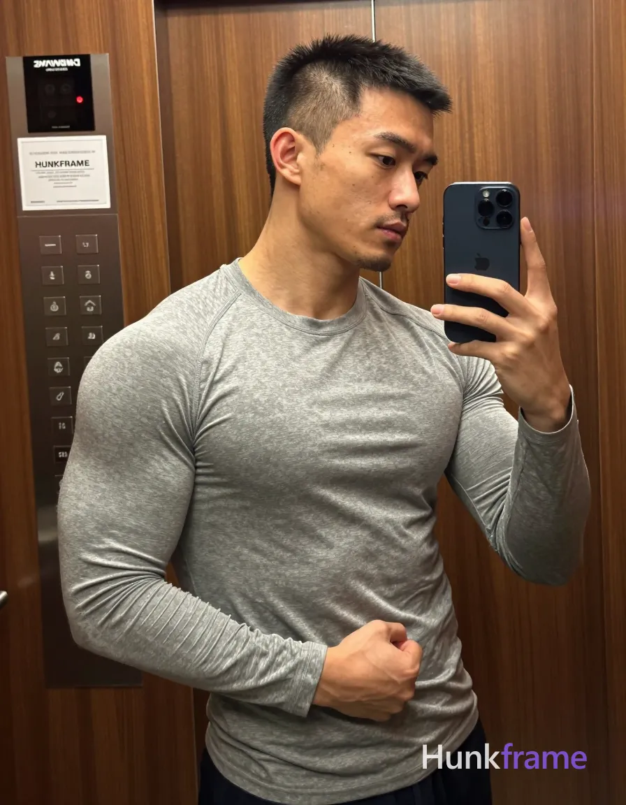 Asian man with short buzz cut, dark brown/black textured top and faded sides, clean-shaven face with light chin stubble; He wears a fitted heather grey long-sleeve crewneck t-shirt showing broad shoulders, defined pectorals, toned biceps, and visible abdominal definition; Standing facing slightly right in an elevator interior with wood-paneled walls and stainless steel controls, holding a dark blue smartphone in left hand to take mirror selfie while right arm bends across chest with fist loosely clenched near waistline; Warm lighting enhances the rugged confidence within the 13:19 vertical portrait crop centered chest-to-thigh; FULL TEXT REPLACEMENT: remove every original source word, sentence, slogan, logo, and partial spelling from the text-bearing area, then replace it with only the wordmark, spelled exactly "HUNKFRAME" on the sign in the composition; This is replacement; Preserve appropriate typography and scale; No other visible text, logo, caption, username, hashtag, comment, watermark, or UI chrome; single clean uninterrupted photograph with a cohesive editorial composition and plain continuous surrounding surfaces